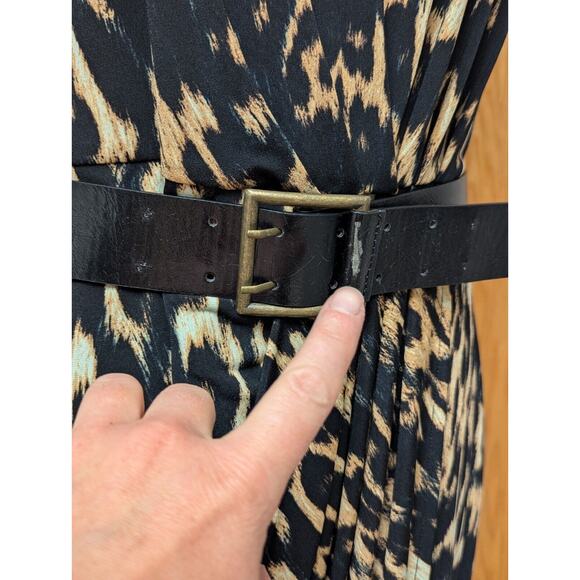 CALVIN KLEIN Leopard Print Sheath Dress Belted Black/Brown Size 10 Faux Wrap - Picture 3 of 11